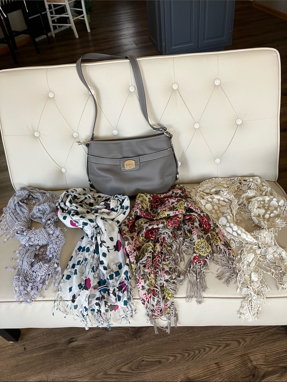Fossil Gray Leather Crossbody with Assorted Women's Scarves